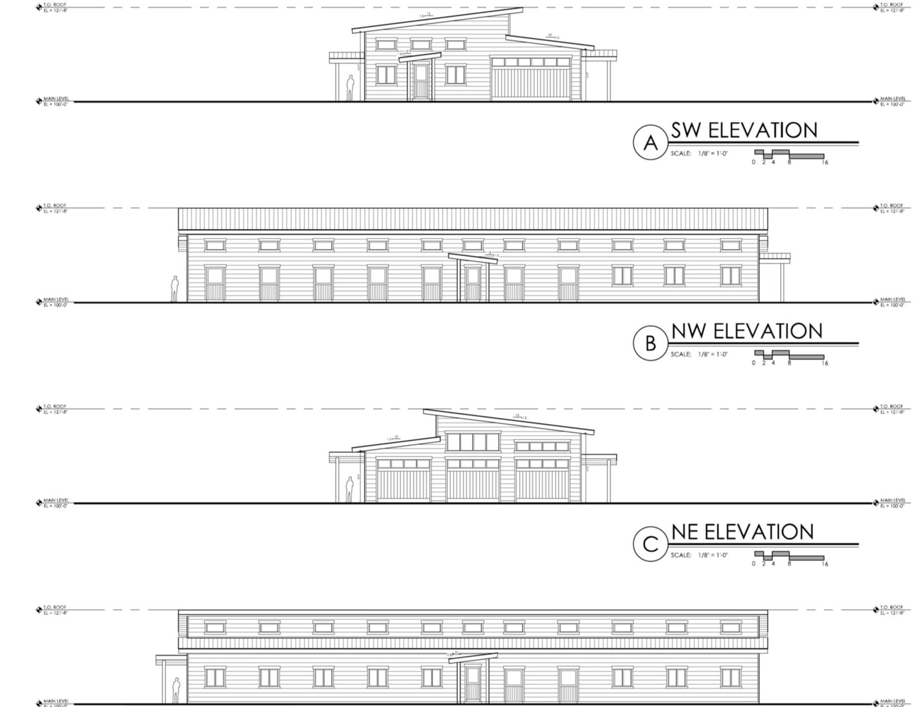 Architectural elevation drawings of the barn's southwest, northwest, and northeast sides