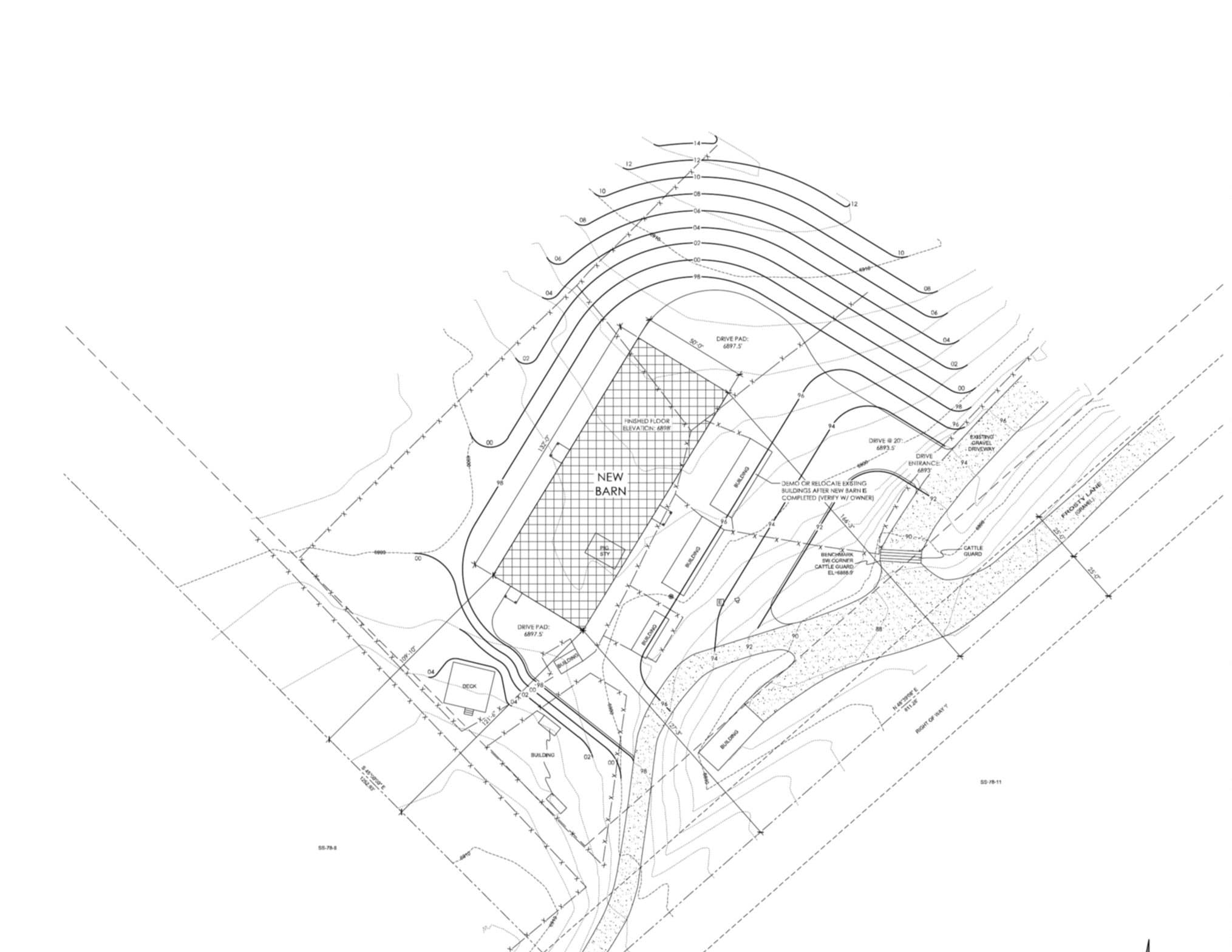 Site plan for the new barn, showing the building footprint, drive pads, and Frosty Lane